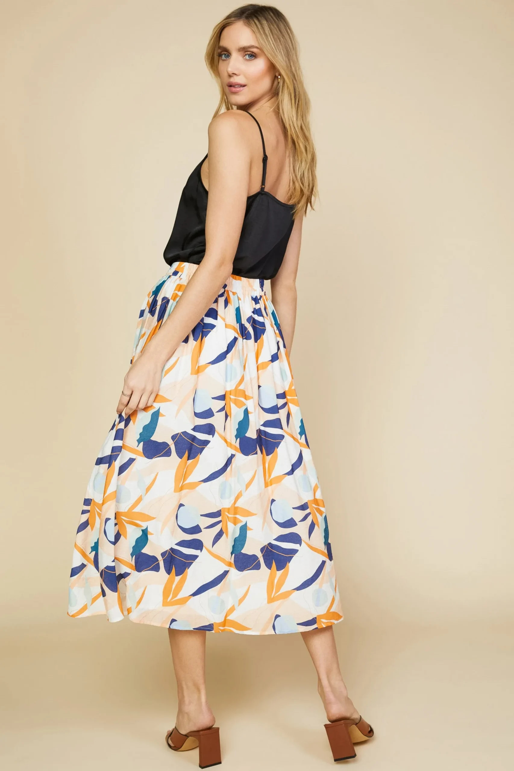 SKIES ARE BLUE Abstract Botanical Midi Skirt* Skirts