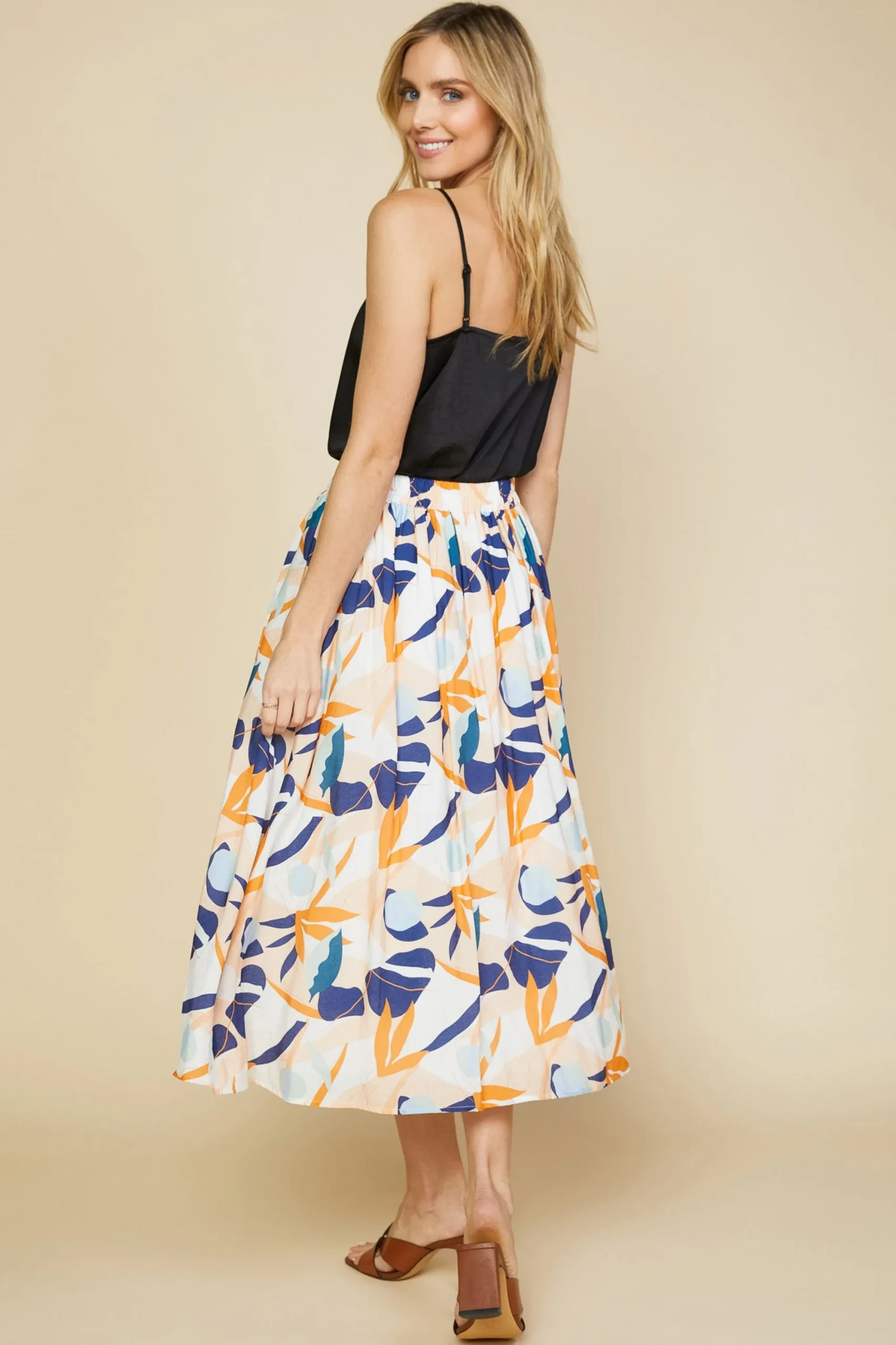 SKIES ARE BLUE Abstract Botanical Midi Skirt* Skirts