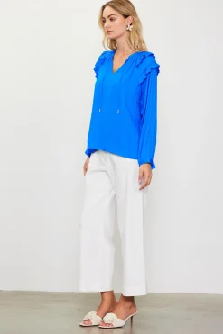 SKIES ARE BLUE Adele Ruffled Split Neck Top* Blouses|Long Sleeve Tops