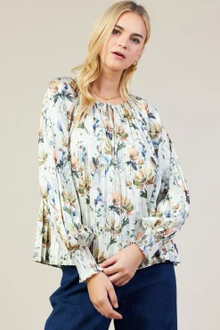 SKIES ARE BLUE Amani Floral Print Pleated Blouse* Long Sleeve Tops