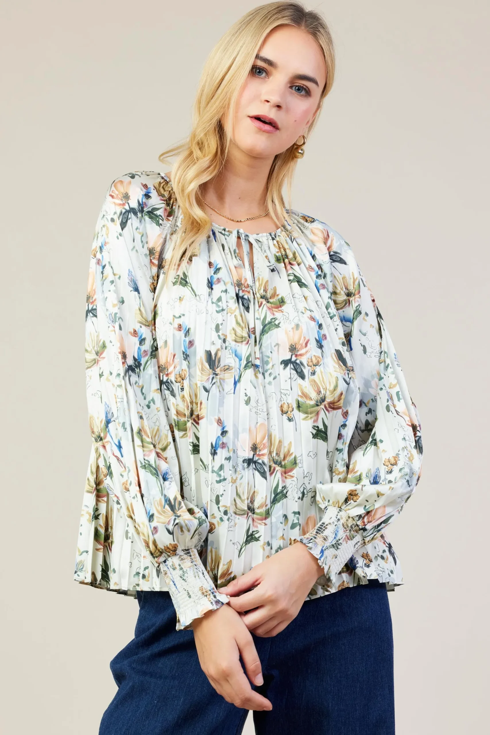 SKIES ARE BLUE Amani Floral Print Pleated Blouse* Long Sleeve Tops