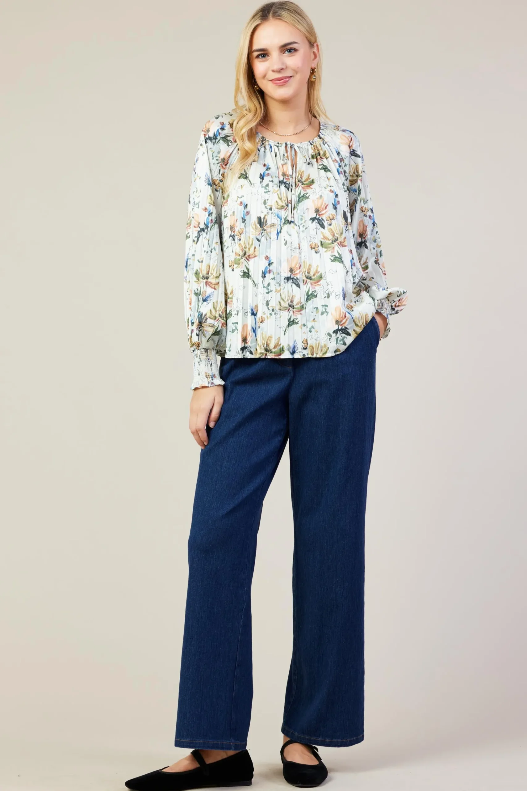 SKIES ARE BLUE Amani Floral Print Pleated Blouse* Long Sleeve Tops