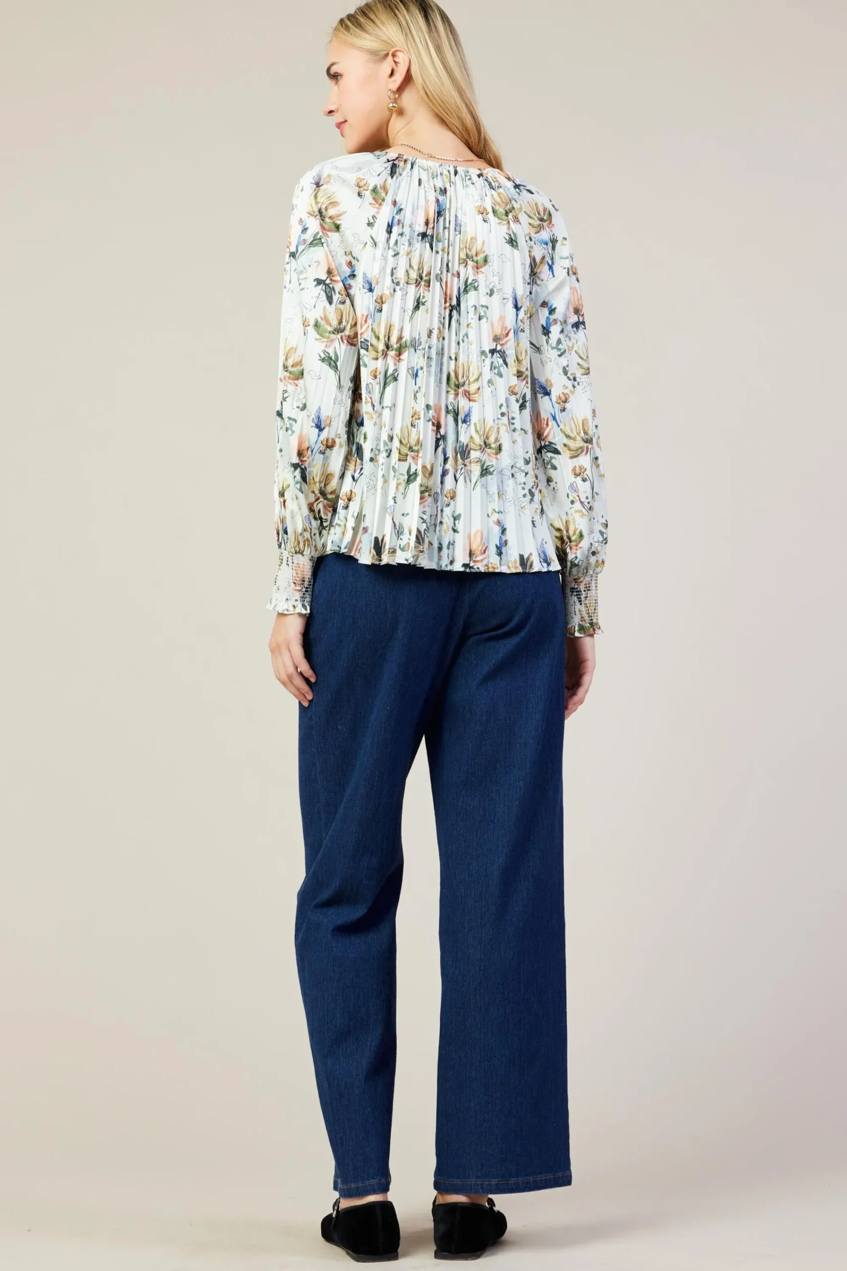 SKIES ARE BLUE Amani Floral Print Pleated Blouse* Long Sleeve Tops