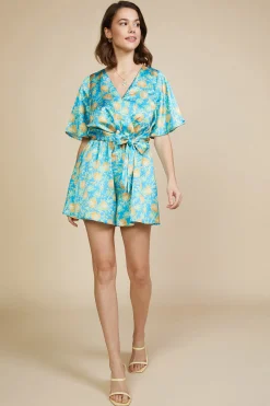 SKIES ARE BLUE Aquatic Floral Print Surplice Romper* Jumpsuits
