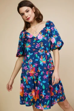 SKIES ARE BLUE Aquatic Floral Surplice Short Dress* Mini Dresses