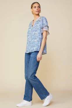 SKIES ARE BLUE Aster Print Ruffled Detail Contrast Top* Short Sleeve Tops