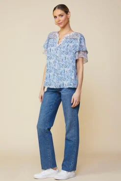 SKIES ARE BLUE Aster Print Ruffled Detail Contrast Top* Short Sleeve Tops