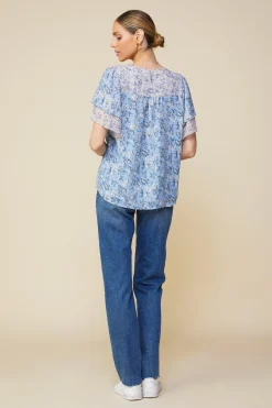 SKIES ARE BLUE Aster Print Ruffled Detail Contrast Top* Short Sleeve Tops