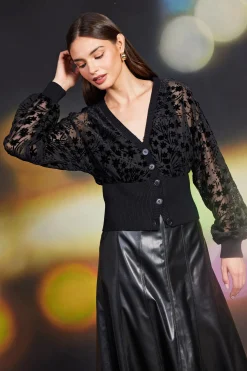 SKIES ARE BLUE Burnout Velvet Floral Motif Cardigan* Sweaters