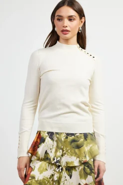 SKIES ARE BLUE Button Detail Mock Neck Sweater* Long Sleeve Tops|Sweaters