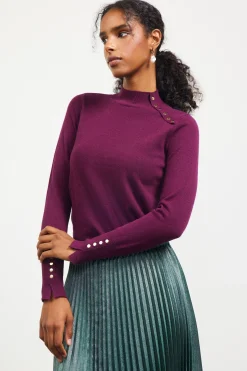 SKIES ARE BLUE Button Detail Mock Neck Sweater* Long Sleeve Tops|Sweaters