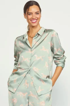 SKIES ARE BLUE Cheetah Print Satin Button Down Blouse* Blouses|Long Sleeve Tops