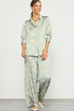 SKIES ARE BLUE Cheetah Print Satin Button Down Blouse* Blouses|Long Sleeve Tops