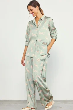 SKIES ARE BLUE Cheetah Print Satin Button Down Blouse* Blouses|Long Sleeve Tops