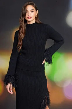 SKIES ARE BLUE Clio Feathered Fringe Mock Neck Sweater* Sweaters