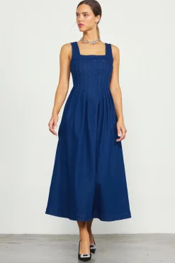 SKIES ARE BLUE Corset Denim Pleated Dress* Maxi Dresses
