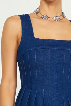 SKIES ARE BLUE Corset Denim Pleated Dress* Maxi Dresses