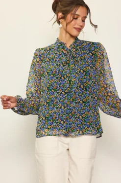 SKIES ARE BLUE Daisy Print Neck Tie Blouse* Blouses|Long Sleeve Tops