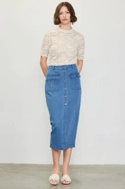 SKIES ARE BLUE Denim Button Down Midi Skirt* Skirts