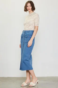 SKIES ARE BLUE Denim Button Down Midi Skirt* Skirts