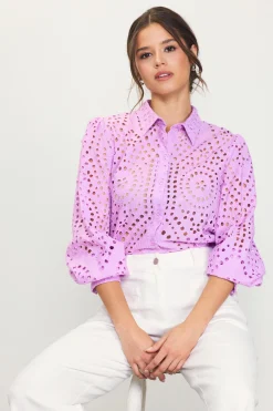 SKIES ARE BLUE Eyelet Buttondown Shirt* Blouses|Long Sleeve Tops