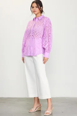 SKIES ARE BLUE Eyelet Buttondown Shirt* Blouses|Long Sleeve Tops