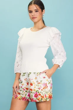 SKIES ARE BLUE Eyelet Ruffle Sleeve Knit Top* Long Sleeve Tops