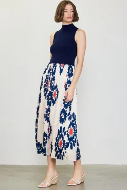 SKIES ARE BLUE Floral Print Mixed Media Dress* Midi Dresses