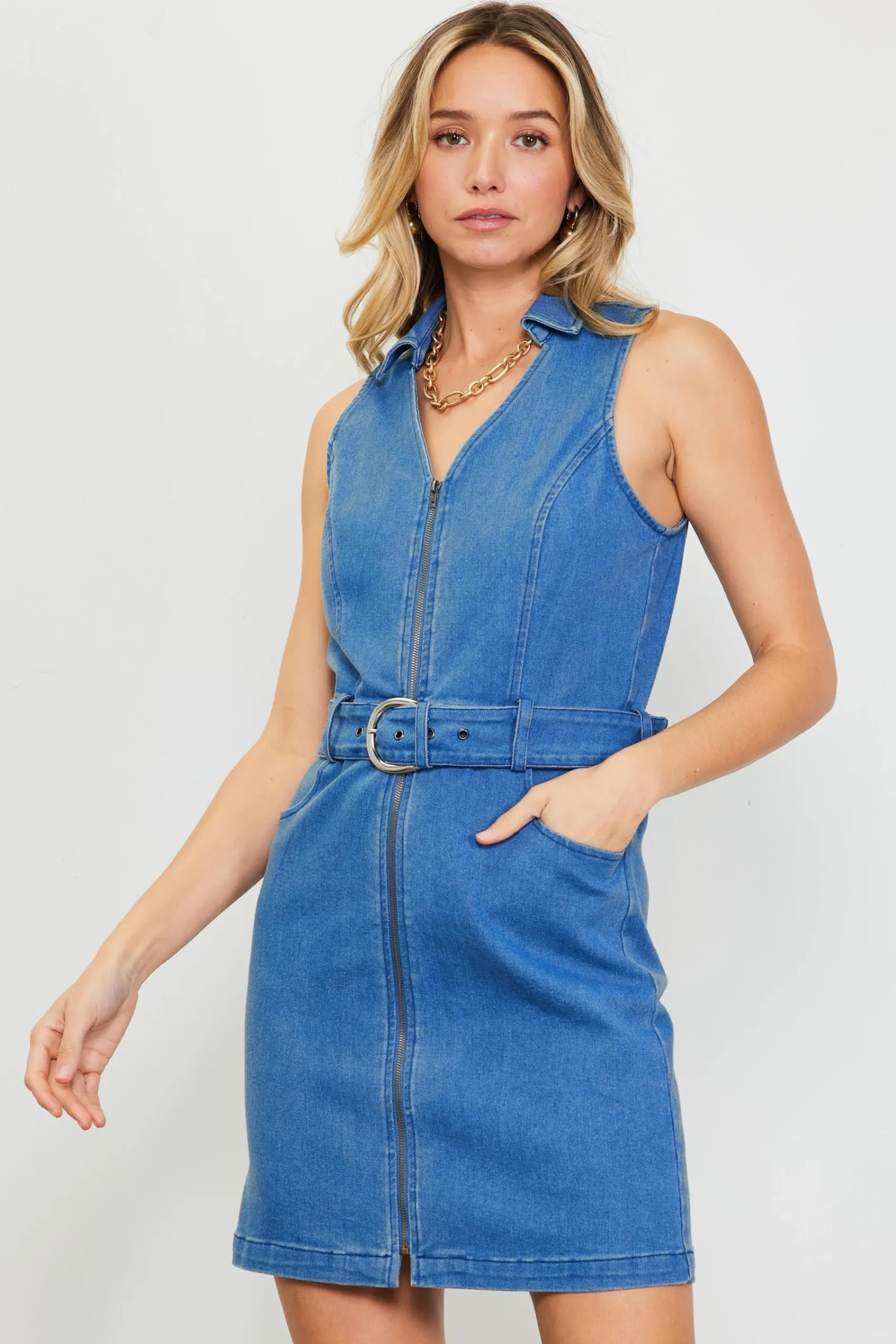 SKIES ARE BLUE Front Zipper Denim Mini Dress With Belt* Mini Dresses