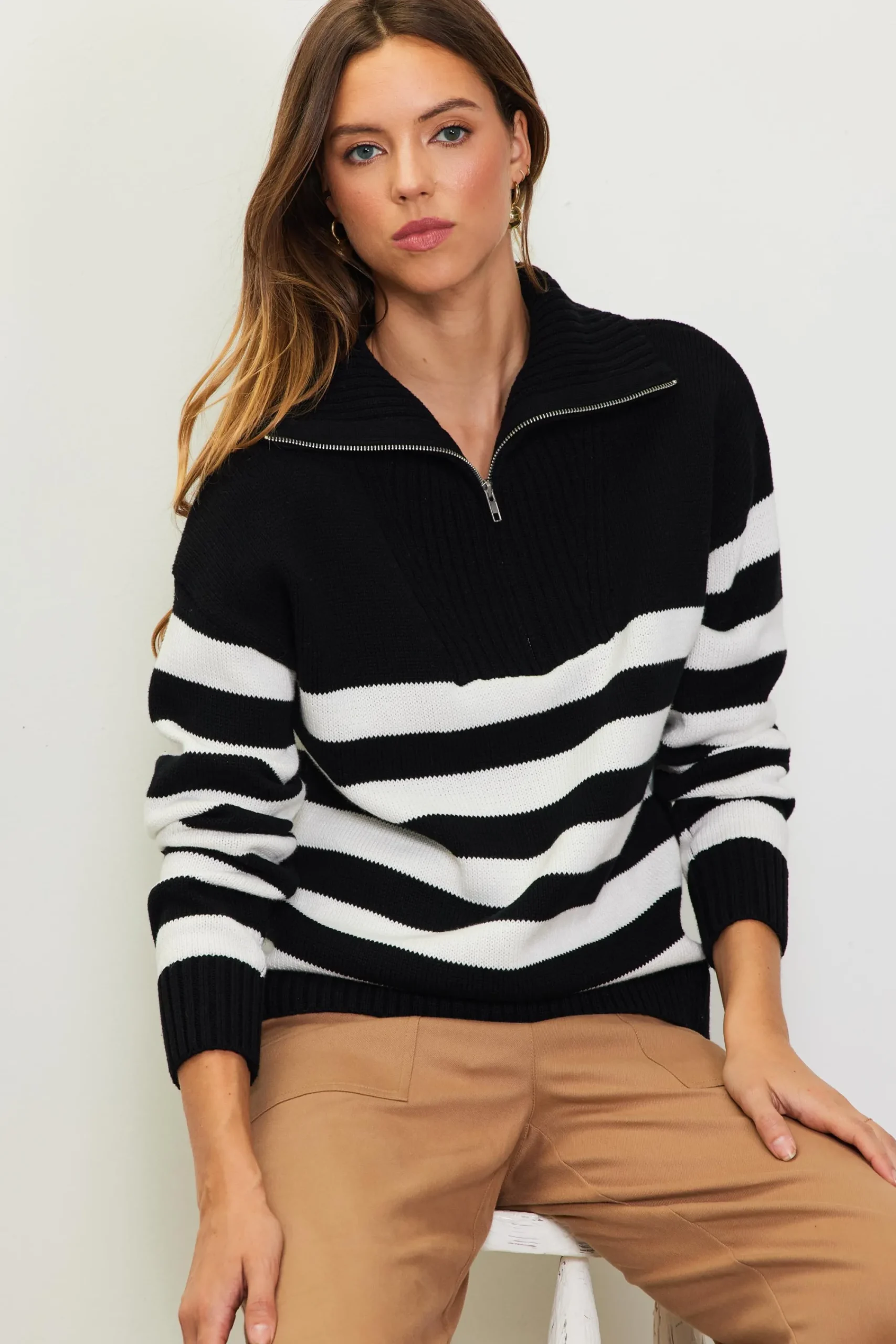 SKIES ARE BLUE Half-Zip Striped Sweater* Sweaters