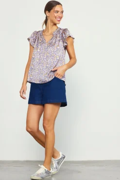 SKIES ARE BLUE Indira Floral Print Split Neck Top* Short Sleeve Tops