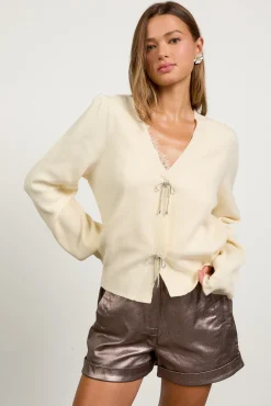 SKIES ARE BLUE Kaira Ribbon Detail Puff Sleeve Cardigan* Sweaters