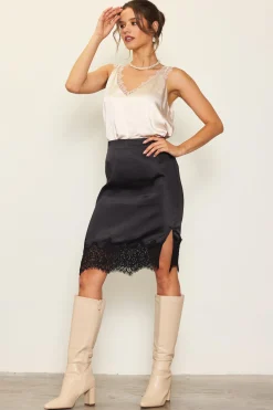 SKIES ARE BLUE Lace Trim Satin Midi Skirt* Skirts