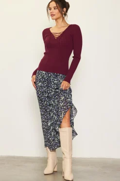 SKIES ARE BLUE Laced Up Long Sleeve Knit Top* Long Sleeve Tops