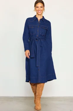 SKIES ARE BLUE Long Sleeve Denim Shirt Dress* Midi Dresses
