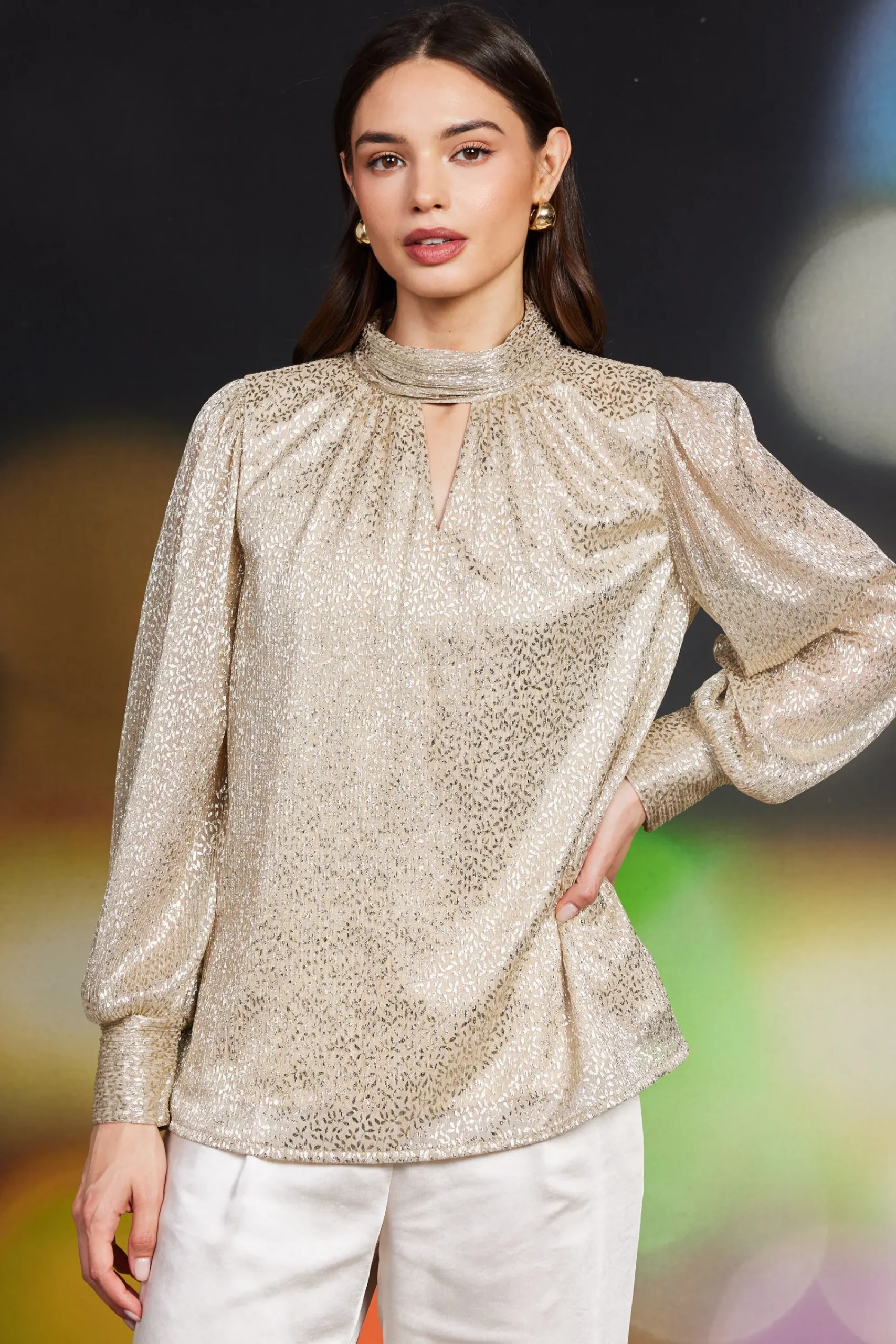 SKIES ARE BLUE Lurex Shirred Mock Neck Top* Long Sleeve Tops