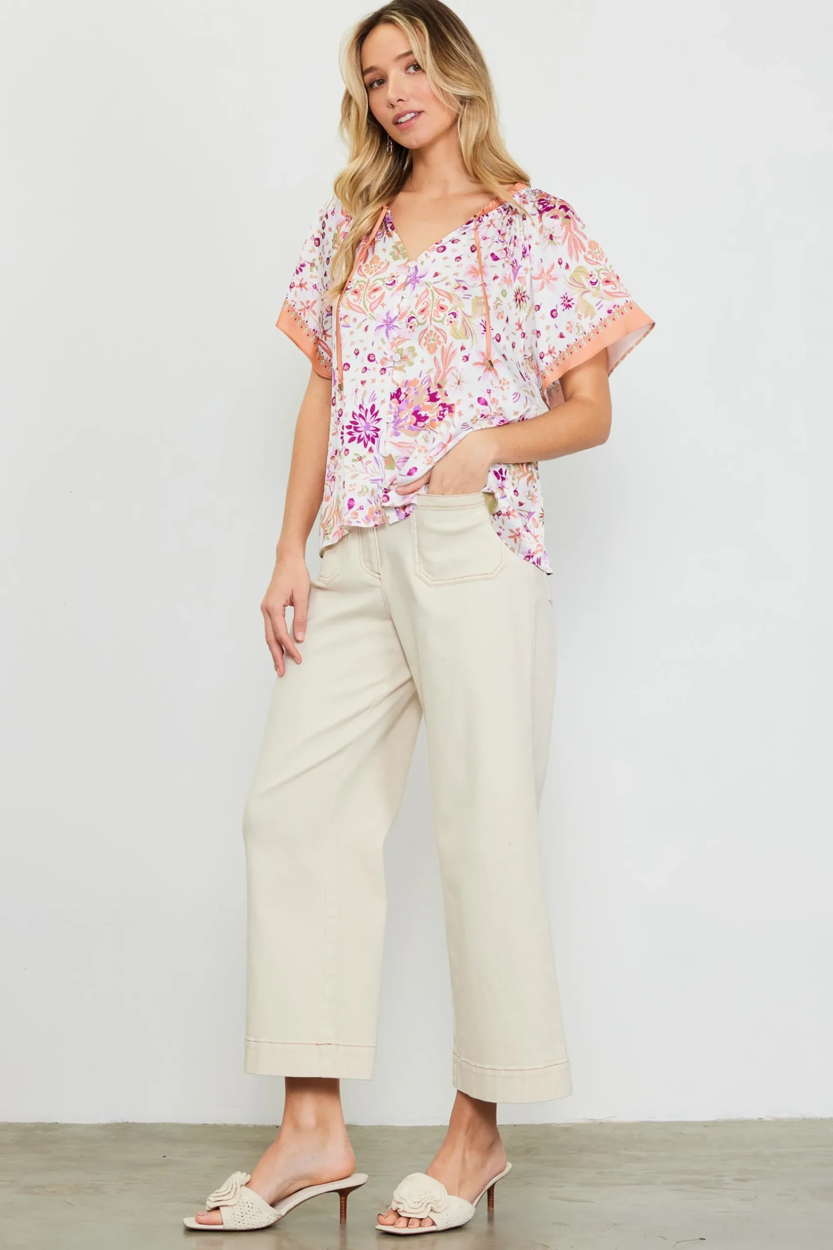 SKIES ARE BLUE Magnolia Border Print Short Sleeve Top* Short Sleeve Tops