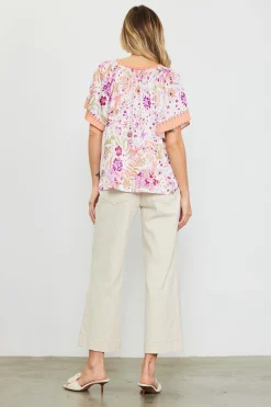 SKIES ARE BLUE Magnolia Border Print Short Sleeve Top* Short Sleeve Tops