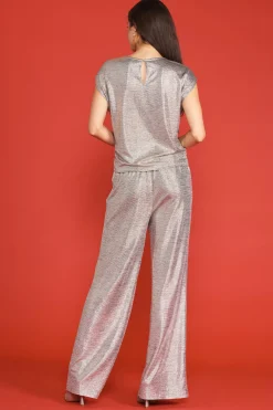 SKIES ARE BLUE Metallic Foil Print Shirred Waist Top* Short Sleeve Tops