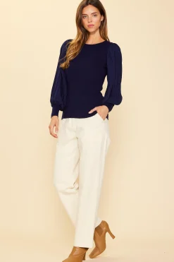 SKIES ARE BLUE Mixed Media Pleated Sleeve Top* Long Sleeve Tops