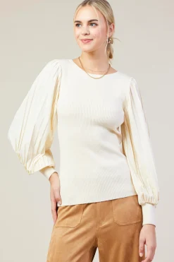SKIES ARE BLUE Mixed Media Pleated Sleeve Top* Long Sleeve Tops