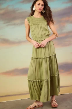 SKIES ARE BLUE Mixed Media Ruffled Tiered Midi Dress* Midi Dresses