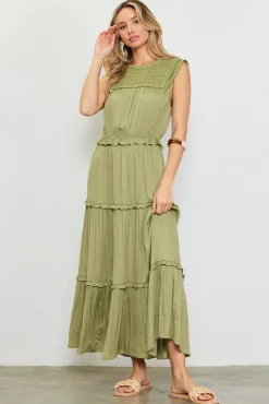 SKIES ARE BLUE Mixed Media Ruffled Tiered Midi Dress* Midi Dresses