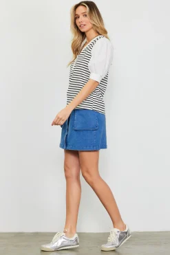 SKIES ARE BLUE Mixed Media Striped Puff Sleeve Top* Short Sleeve Tops