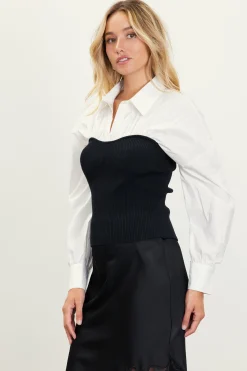 SKIES ARE BLUE Mixed Media Twofer Blouse* Long Sleeve Tops