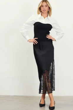 SKIES ARE BLUE Mixed Media Twofer Blouse* Long Sleeve Tops