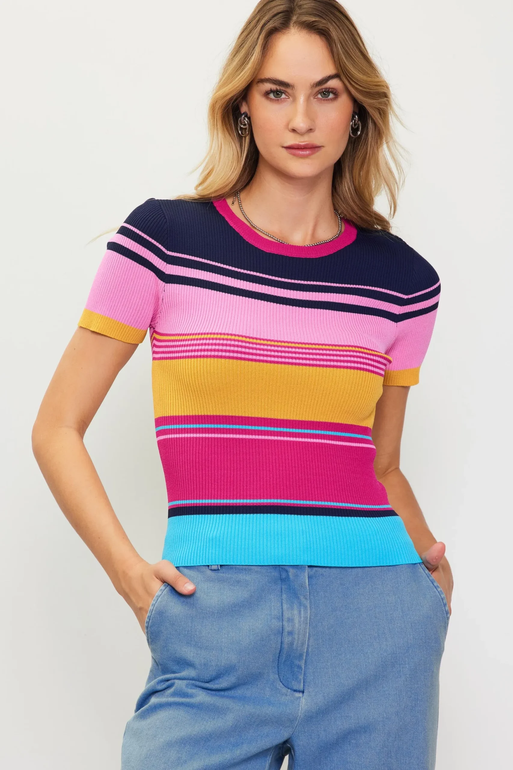 SKIES ARE BLUE Multicolor Stripe Knit Top* Short Sleeve Tops|Sweaters