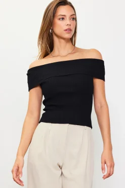 SKIES ARE BLUE Off Shoulder Ribbed Knit Top* Short Sleeve Tops