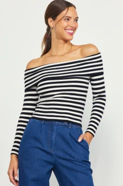 SKIES ARE BLUE Off Shoulder Stripped Knit Top* Long Sleeve Tops
