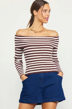 SKIES ARE BLUE Off Shoulder Stripped Knit Top* Long Sleeve Tops